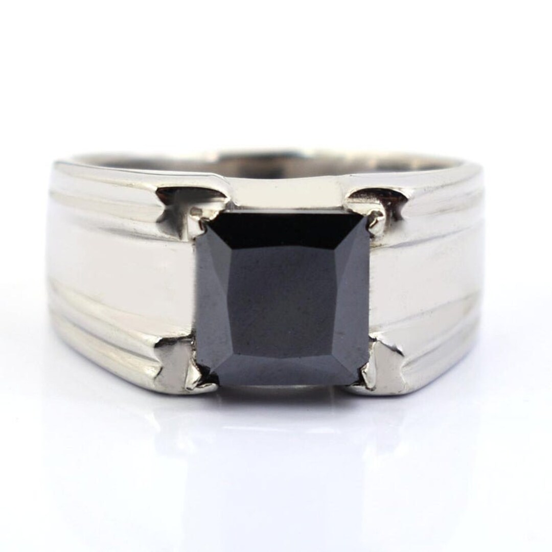 Broad Band Solitaire Princess Cut Black Diamond Ring in Sterling Silver ...