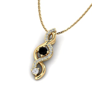 Pendentif solitaire certifié diamant noir taille ronde 1 ct en argent sterling avec bijoux en or jaune avec chaîne gratuite, design unique tourbillon