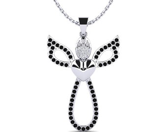 Bee Design Anhänger 2 Ct Rund Schwarzer Diamant In Silber, Schmuck mit GRATIS KETTE, Flügel Typ Design, Feines Geschenk für Männer/Frauen