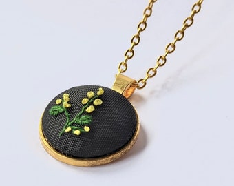 Wattle Bloom - Hand Embroidered Pendant Button Necklace & Matching Stud Earrings - Handmade Jewellery Embroidered Jewellery