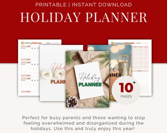 May include: Printable holiday planner with 10+ pages, featuring a calendar, gifting planner, and a festive design with presents and pine cones.  Get organized for the holidays.