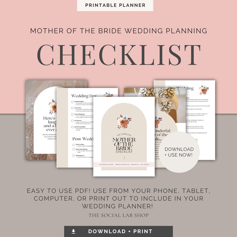 Mother of the Bride Wedding Checklist, Bridal Planner Template Canva