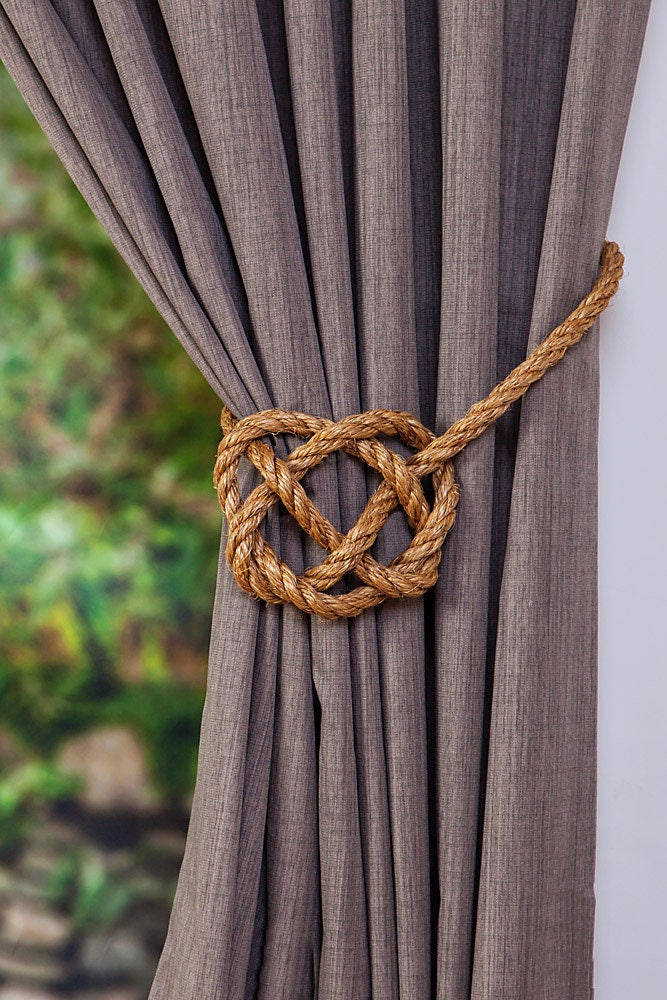 Large Manila Rope Celtic Heart Curtain Tie Backs / Rustic Ties / Rope