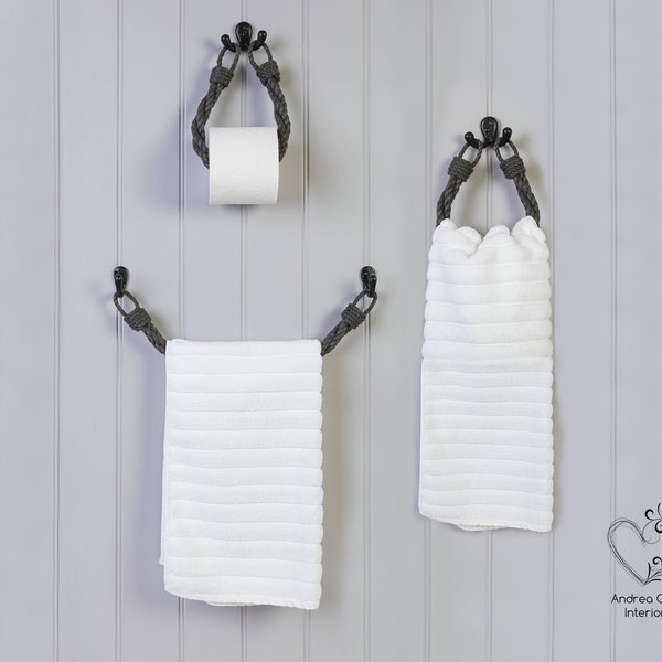 Full Bathroom Set of Charcoal Grey Twisted Rope Toilet Roll Holder, Towel Rail and Hand Towel Holder - Bathroom Accessories, Nautical Decor