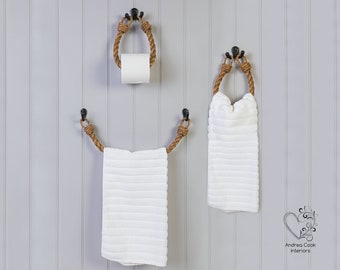 Full Bathroom Set including Manila Rope Toilet Roll Holder, Towel Rail and Hand Towel Holder - Nautical Decor, Rope Bathroom Accessories, WC