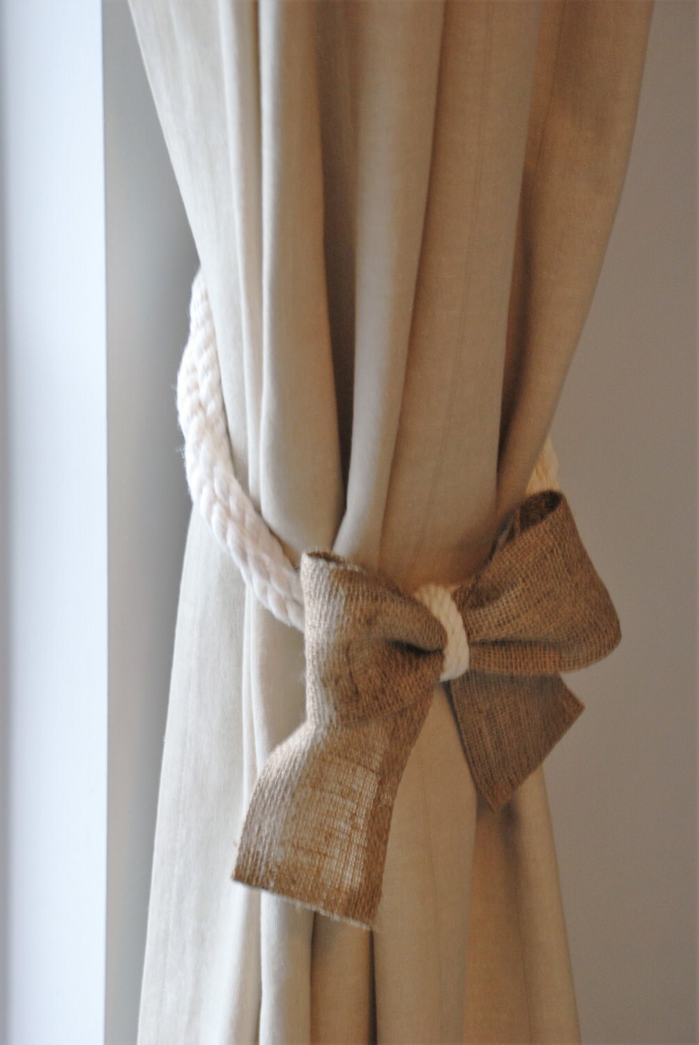 White Cotton Rope And Burlap Bow Curtain Tie Backs Shabby Chic