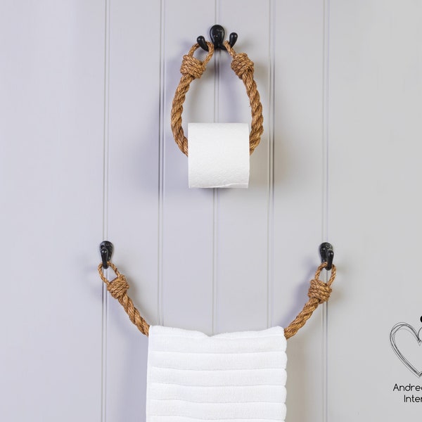 Set of Manila Rope Toilet Roll Holder and Manila Rope Towel Rail - Rope Toilet Paper Holder, Nautical Decor, Nautical Bathroom Accessories
