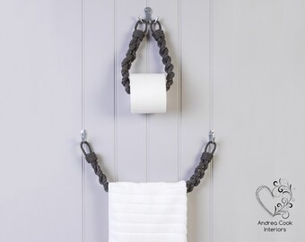 Set of Braided Charcoal Grey Rope Toilet Roll Holder and Braided Charcoal Grey Rope Towel Rail - Rope Toilet Paper Holder, Nautical Decor