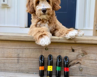 May include: A fluffy, light brown Goldendoodle puppy rests on wooden steps, with four black scent training tools below. Each tool has a colored band: orange, yellow, green, and red. A brown lanyard with the text "Scent Masters" and a paw print design is also visible.