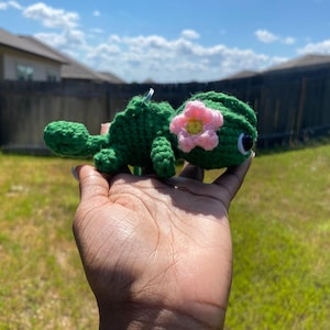 May include: A handmade green crochet turtle with a pink and yellow flower on its head. The turtle has black eyes and is held up against a background of green grass and a blue sky.