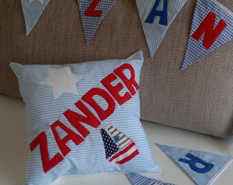 Baby Boys Personalised Bunting & Cushion Set New Baby Christening Birthday Present, Bedroom Nursery Decoration Blue Boat Star Nautical Party