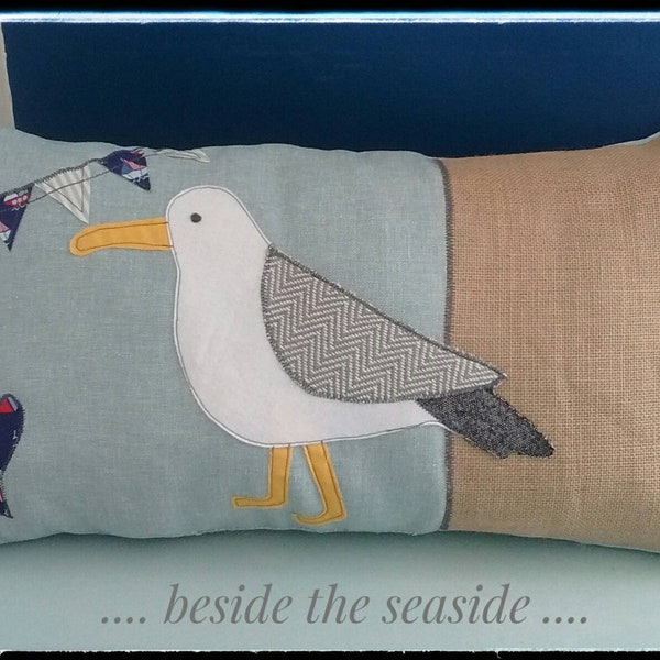 2 x Nautical Seagull Bird Pillow Cushion Duck egg Green fish bunting decorative seaside theme holiday home decor Beach Nautical caravan