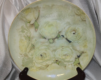Decoupage Platte,schöne dekorative Glasplatte “Blumen in Gold“,Dekoration,Hochzeitstablett,Geburtstagsgeschenk,Provence,Kunstsammlung,Vintage.P4