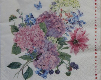 4 papieren servetten, papieren servetten voor decoupage, papieren servetten met paarse en blauwe hortensia, decorcollectie, plakboek, kunstdecor. Nr.31