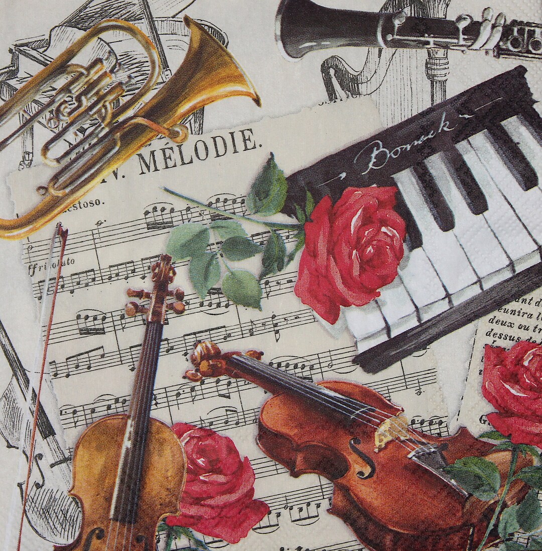 4 Paper Napkins for Decoupage With Violin, Trumpet, Piano, Roses,paper ...