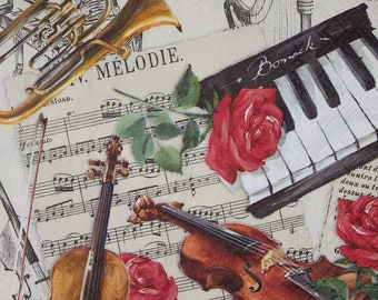 4 Paper Napkins for decoupage with violin, trumpet, piano, roses,paper for scrapbooking,musical instruments,Decor Collection,Table decorN231
