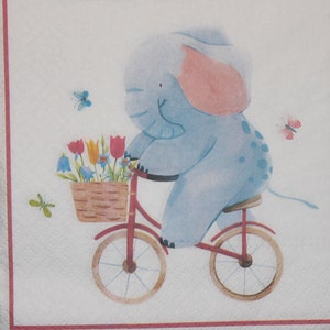 4 servilletas infantiles, Elefante en bicicleta, Servilletas de papel, Servilletas de papel para decoupage, Servilletas de papel para scrapbooking, Colección de decoración, Decoración artística N.° 153