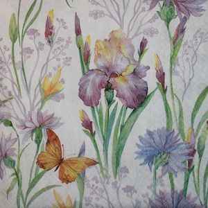 4 Paper Napkins for decoupage,Paper Napkins with butterfly&gentle iris,flowers,Vintage paper napkin,Decor Collection,Provence,Art decorN222
