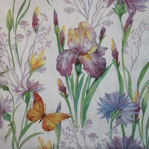 4 Paper Napkins for decoupage,Paper Napkins with butterfly&gentle iris,flowers,Vintage paper napkin,Decor Collection,Provence,Art decorN266