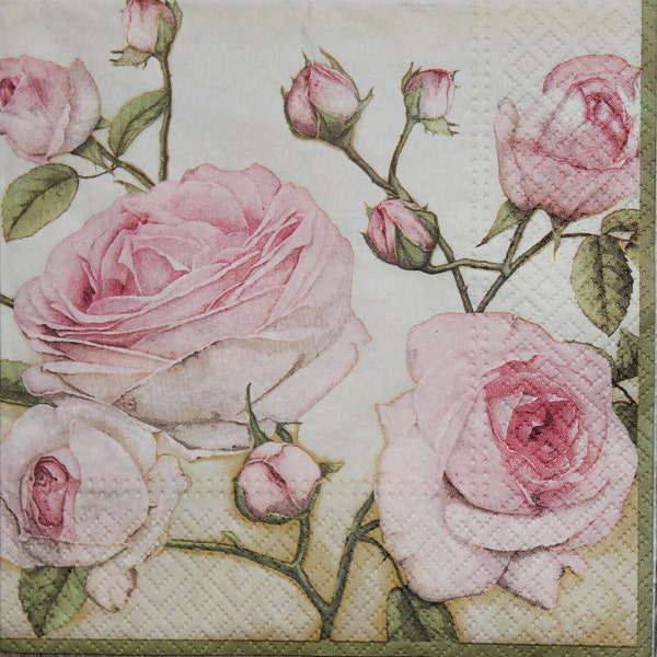 4 Paper Napkins for decoupage,Paper Napkins with Graceful pink Roses , flowers napkins,France, Decor Collection, Provence. Nr91