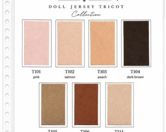 May include: A color swatch card for Atelier Anemoontje Doll Jersey Tricot fabric. It displays seven rectangular fabric samples in pink, salmon, peach, dark brown, light brown, red brown, and dark beige, each labeled with a code and color name.