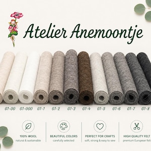 Op de afbeelding: Een collectie van dertien opgerolde viltvellen in een verloop van neutrale tinten, variërend van crème tot antracietzwart. Elke rol is gelabeld met de codes G1-0 tot G1-9. De tekst Atelier Anemoontje staat bovenaan met iconen eronder.
