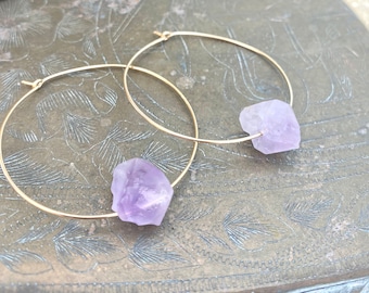 Amethyst hoop earrings, raw crystal earrings, sterling silver hoop earrings, raw stone jewelry, February birthstone, raw amethyst earrings