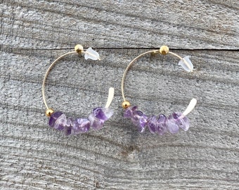 Raw Amethyst hoop earrings, open hoop earrings, raw stone earrings, birthstone Earrings, crystal hoop earrings, Rose Quartz Hoop earrings