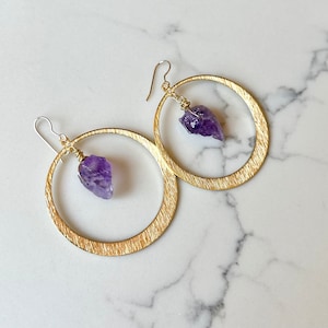 Raw Amethyst earrings, Crystal hoop earrings, raw stone earrings, large gold hoop earrings, bohemian jewelry, February birthstone earrings