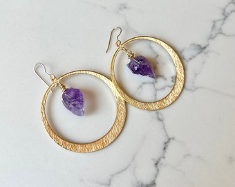 Raw Amethyst earrings, Crystal hoop earrings, raw stone earrings, large gold hoop earrings, bohemian jewelry, February birthstone earrings