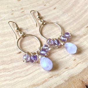 Amethyst hoop earrings, Dangle Amethyst earrings, February birthstone earrings, Gold Hoops Earrings, cluster earrings, Purple Stone earrings