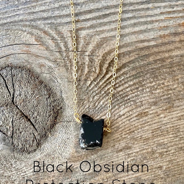 Black tourmaline necklace, raw black obsidian, empath protection necklace, raw crystal necklace, raw stone necklace, healing stone jewelry