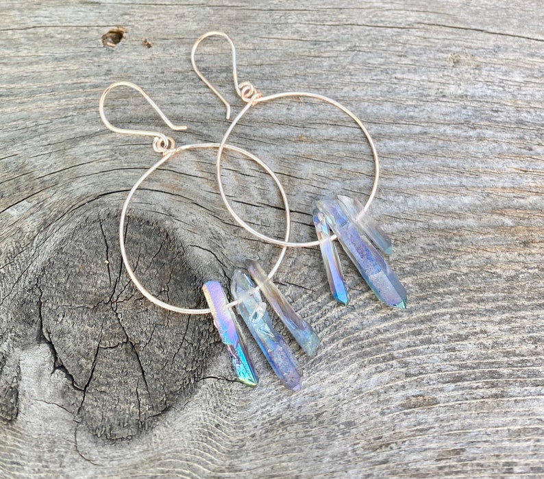 Crystal Point Hoop Earrings Rainbow Quartz Earrings Raw Etsy