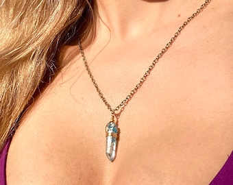 Blue Crystal Necklace, Blue Quartz Necklace, Light Blue Stone, Raw