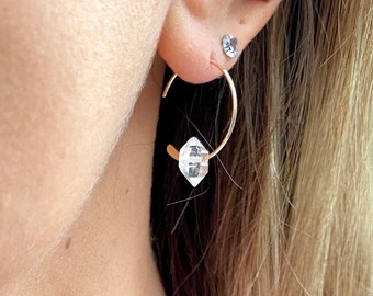 Herkimer Diamond earrings, tiny hoops, open hoop earrings, crystal earrings, dainty gold hoops, delicate earrings, April birthstone earrings