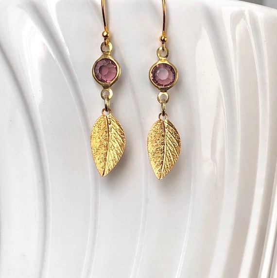 Gold Leaf Earrings, Gold Leaf Birthstone Earrings,February Birthstone Earrings, Gold Leaf Amethyst Crystal Earrings, February Birthstone,