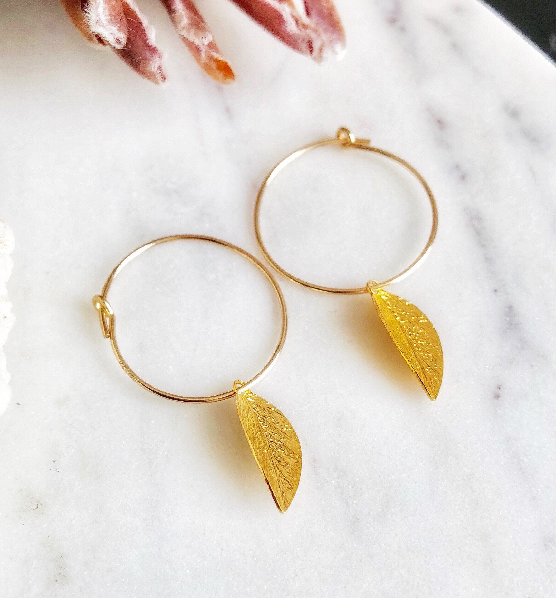 Gold Leaf Hoop Earrings Sterling Silver Leaf Hoop Earring Etsy