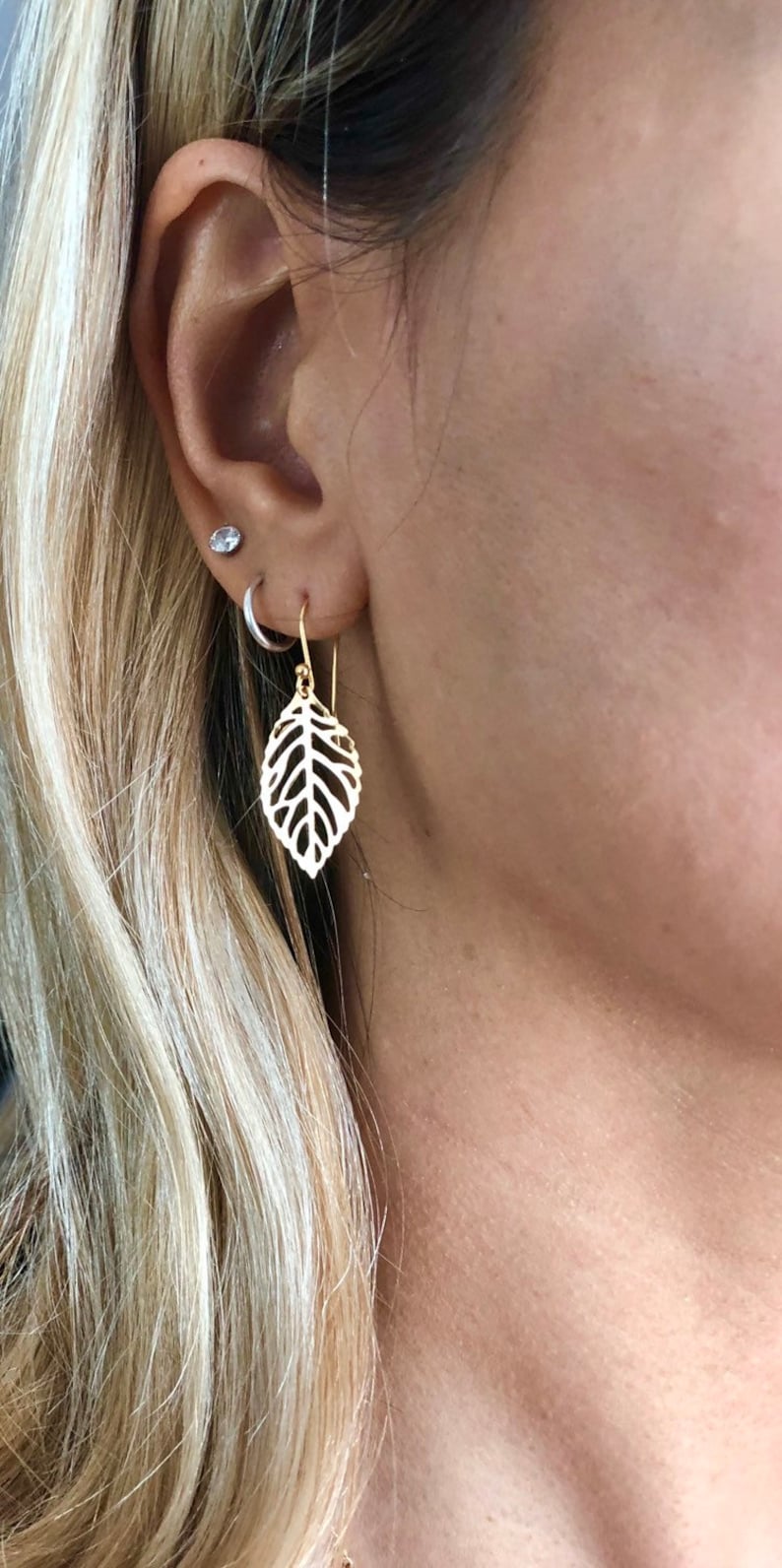 Gold Leaf Earrings Dangle Leaf Earrings Minimalist Earrings Etsy
