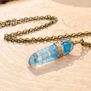 Blue Crystal Necklace, Blue Quartz Necklace, Light Blue Stone, Raw
