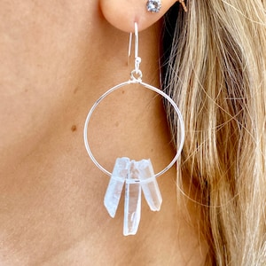 Clear Quartz Hoop Earrings, Crystal Quartz earrings, raw quartz earrings, Silver Hoop earrings, Boho hoop earrings, bridal earrings, gift.