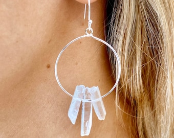 Clear Quartz Hoop Earrings, Crystal Quartz earrings, raw quartz earrings, Silver Hoop earrings, Boho hoop earrings, bridal earrings, gift.