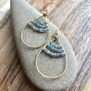 Gold teardrop hoop earrings, Labradorite Hoop earrings, Boho Hoop Earrings, beaded hoop earrings, raw stone earrings, Valentine’s Day gift