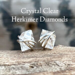 Clear Crystal earrings, Herkimer Diamond earrings, April Birthstone jewelry, Diamond stud earrings, raw crystal, raw diamond, dainty studs