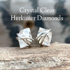 Clear Crystal earrings, Herkimer Diamond earrings, April Birthstone jewelry, Diamond stud earrings, raw crystal, raw diamond, dainty studs image 3