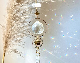 Crystal sun catcher, moon crystal charm, moon sun catcher, boho home decor, prism crystal, rainbow maker, window hanging decor, car charm