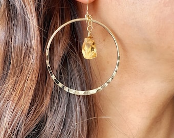 Raw citrine earrings,Crystal earrings,18k gold sterling silver,boho hoop earrings,November birthstone, raw crystal dangle,gold hoop earrings