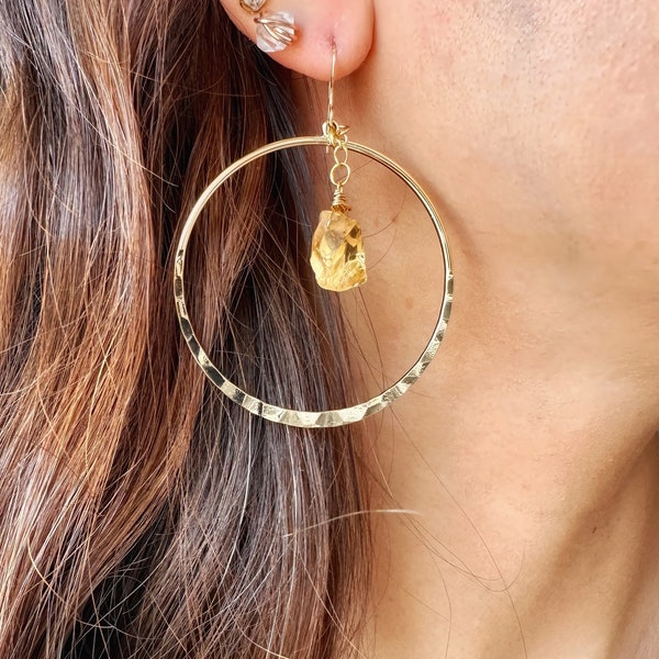 Raw citrine earrings,Crystal earrings,18k gold sterling silver,boho hoop earrings,November birthstone, raw crystal dangle,gold hoop earrings