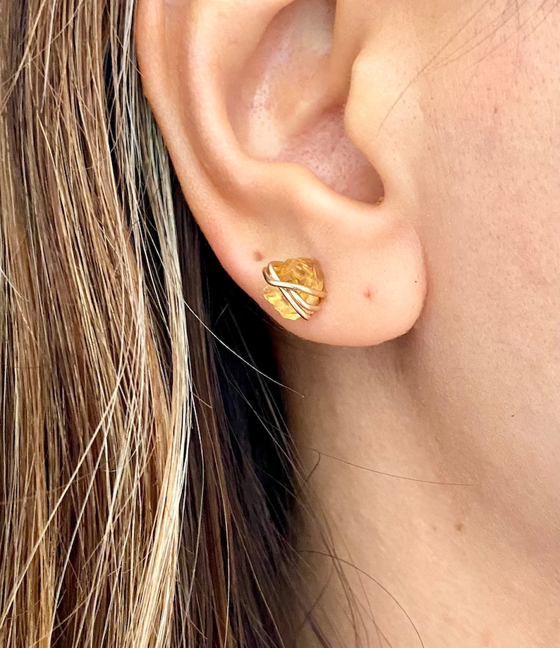 Raw citrine stud earrings, crystal earrings, November birthstone earrings, raw stone jewelry, natural citrine, 18k gold studs dainty jewelry image 8