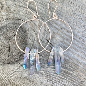 Crystal point hoop earrings, rainbow quartz earrings, raw crystal earrings, angel aura earring, boho hoop earrings, raw stone earrings