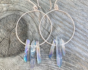 Crystal point hoop earrings, rainbow quartz earrings, raw crystal earrings, angel aura earring, boho hoop earrings, raw stone earrings